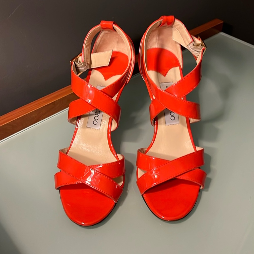 Jimmy Choo Flame Orange / Red Patent 'Lottie' Criss Cross Sandals